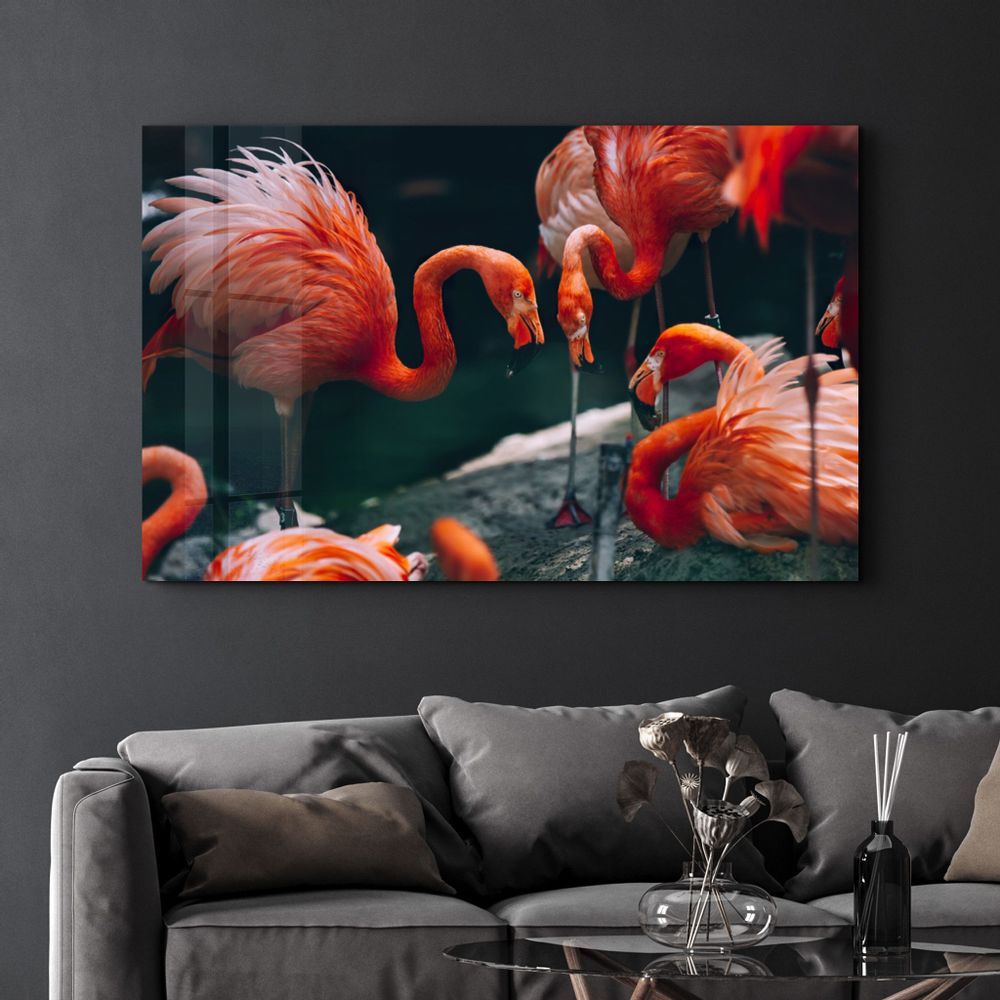 Other wall decoration - Orange Flamingos 1 | Glass Wall Art - ARTDESIGNA
