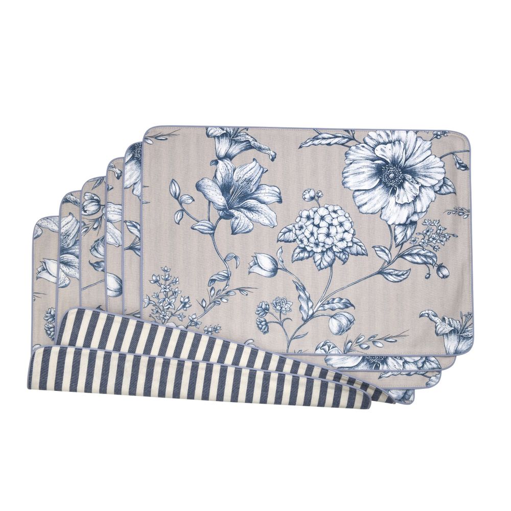 Linge de table textile - Sets de table both sided Blossom Blue & Stripes - 6 pièces - ROSEBERRY HOME