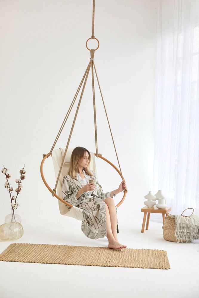 Outdoor decorative accessories - Hanging Chair Teak Frame - Natural Twill - MERN LIVING