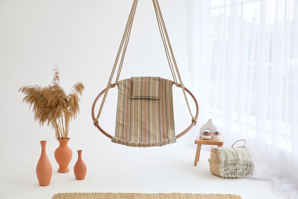 Outdoor decorative accessories - Canvas Hanging Chair Teak Frame - Boves Rast Blue - MERN LIVING