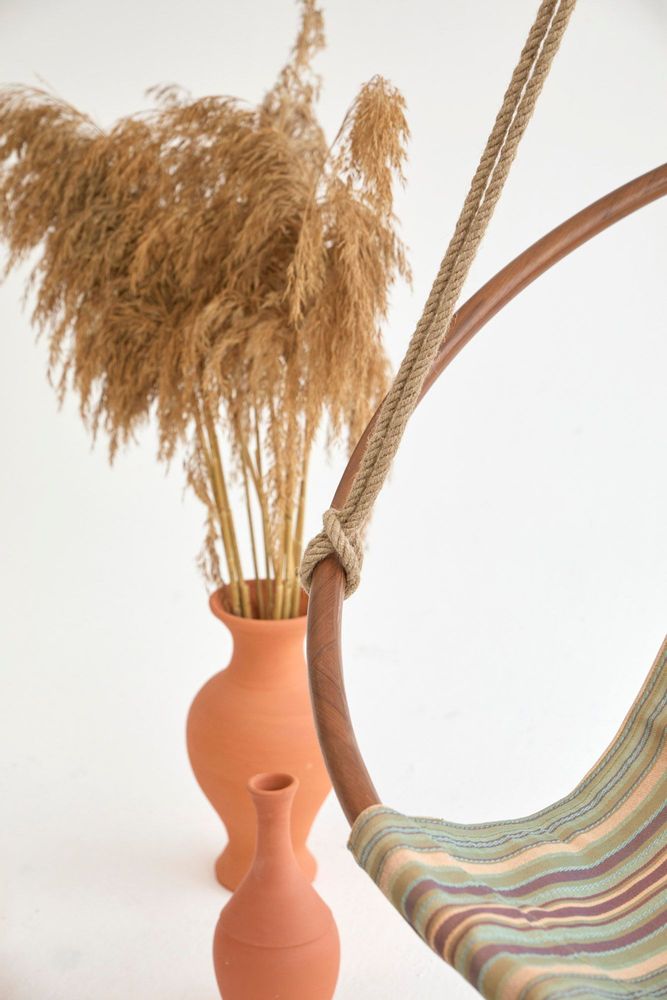 Outdoor decorative accessories - Canvas Hanging Chair Teak Frame - Boves Rast Blue - MERN LIVING