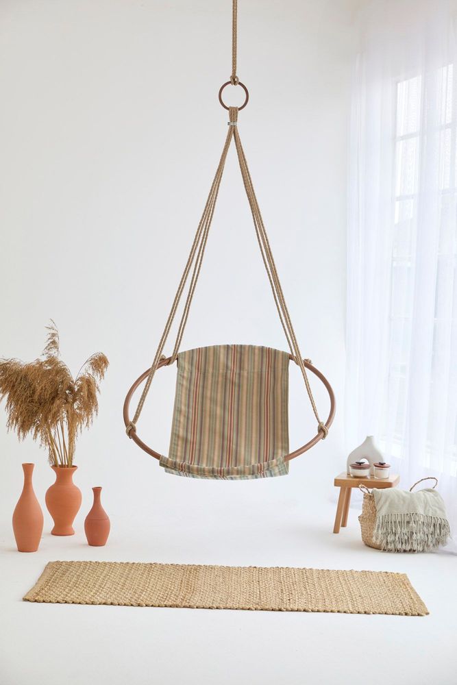 Outdoor decorative accessories - Canvas Hanging Chair Teak Frame - Boves Rast Blue - MERN LIVING