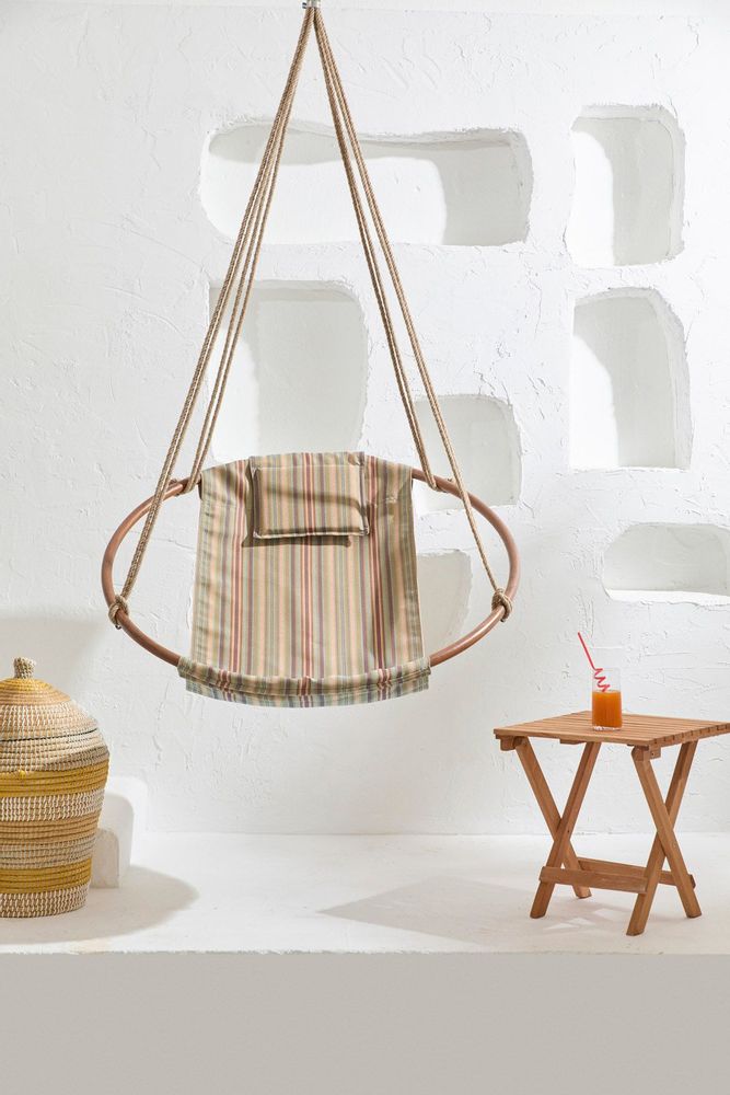 Outdoor decorative accessories - Canvas Hanging Chair Teak Frame - Boves Rast Blue - MERN LIVING