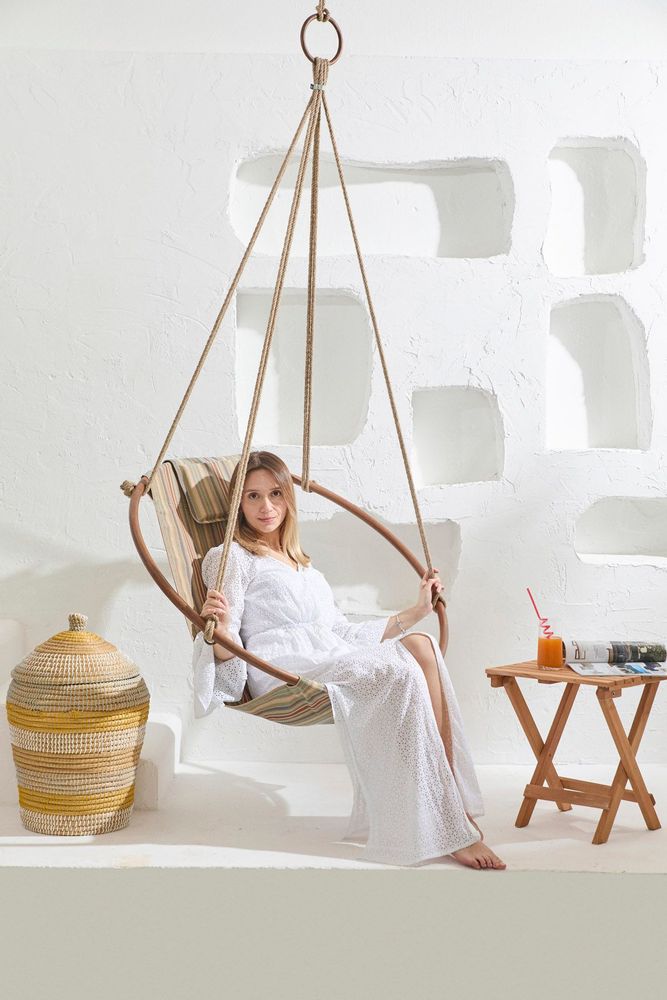 Outdoor decorative accessories - Canvas Hanging Chair Teak Frame - Boves Rast Blue - MERN LIVING