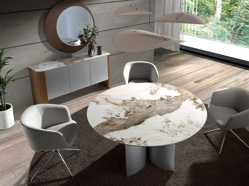 Dining Tables - Round dining table in porcelain marble, walnut & silver-coloured wood - ANGEL CERDÁ