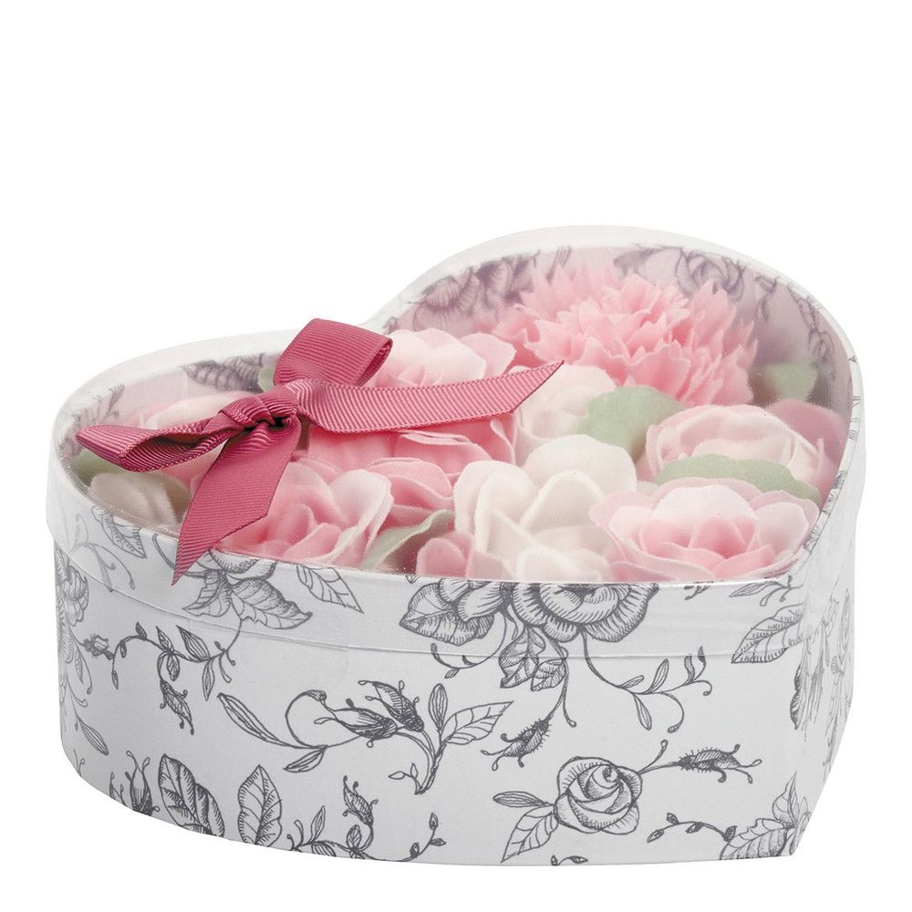 Soaps - Heart Box Bouquet Parterre of Pink and White Soap Flowers - Rose Perfume - MATHILDE M.