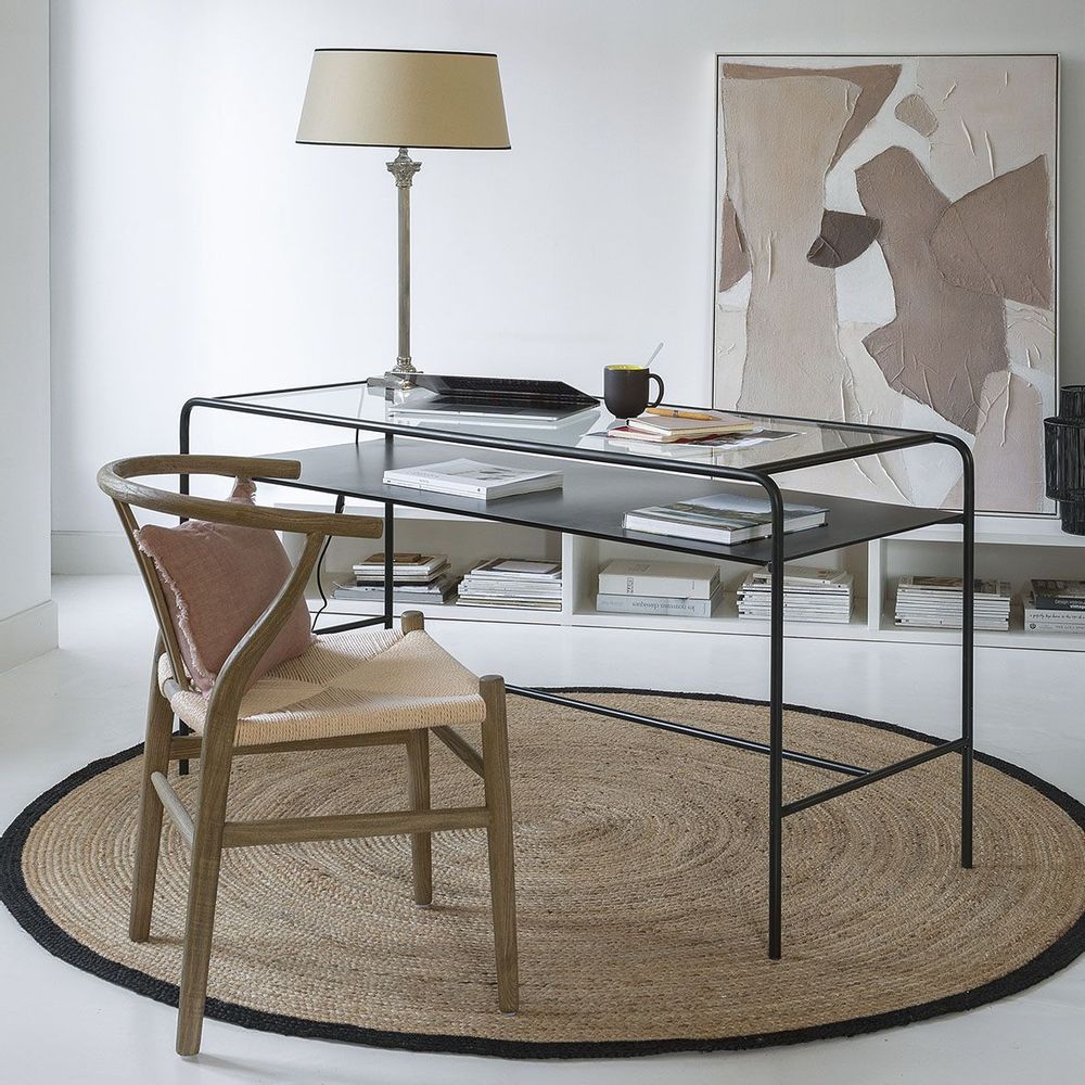 Sets de bureaux - Bureau ERNEST en métal noir et plateau en verre - BLANC D'IVOIRE