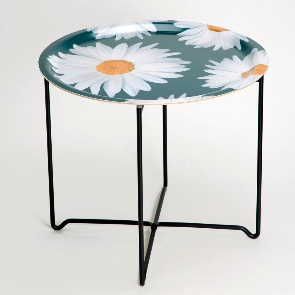 Trays - Round side table with removable wooden tray 49 cm - Daisies - MONBOPLATO