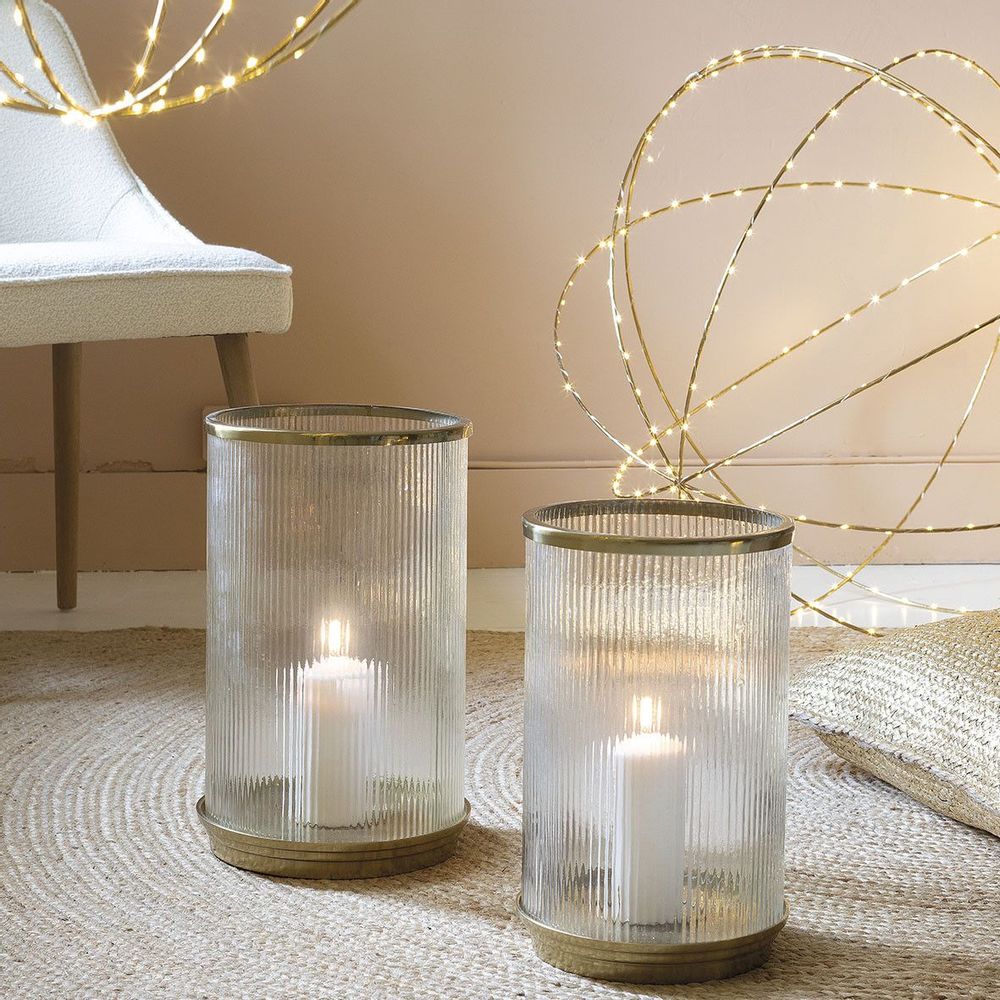 Candlesticks and candle holders - OSCAR tealight holder in ribbed glass and gold metal - Large model - ø 24.5 x 38.5 cm - BLANC D'IVOIRE