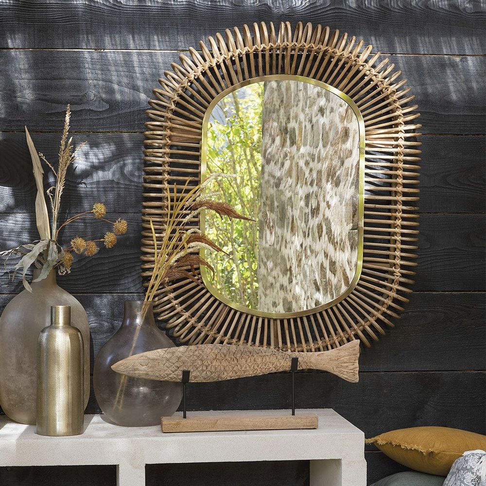 Mirrors - SALOME oval mirror in rattan and metal - Large model - H. 105 cm - BLANC D'IVOIRE