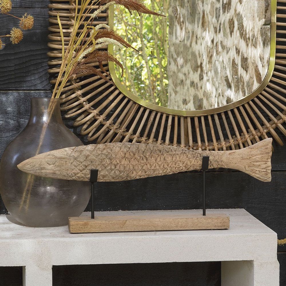 Decorative objects - FISH statue in mango wood and metal - Large model - BLANC D'IVOIRE