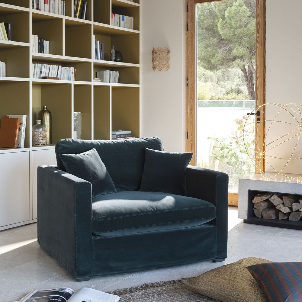 Armchairs - ANGIE armchair in velvet - Peacock blue - BLANC D'IVOIRE