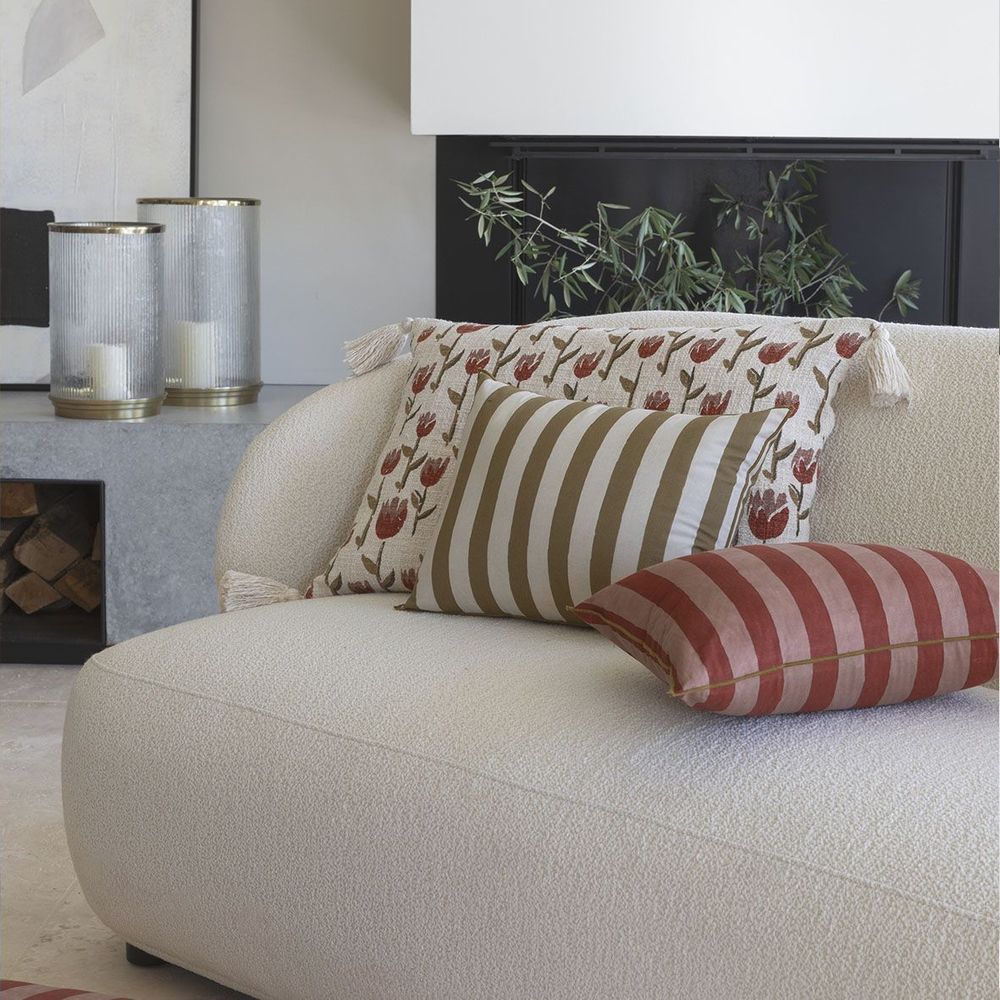 Fabric cushions - BAYADERE cotton cushion cover - Nude and brick red - 60 x 40 cm - BLANC D'IVOIRE