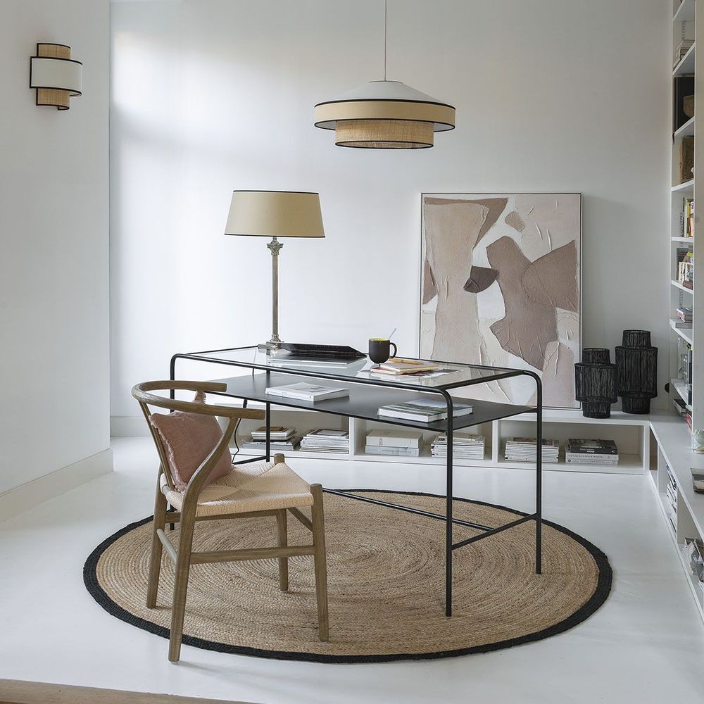 Sets de bureaux - Bureau ERNEST en métal noir et plateau en verre - BLANC D'IVOIRE