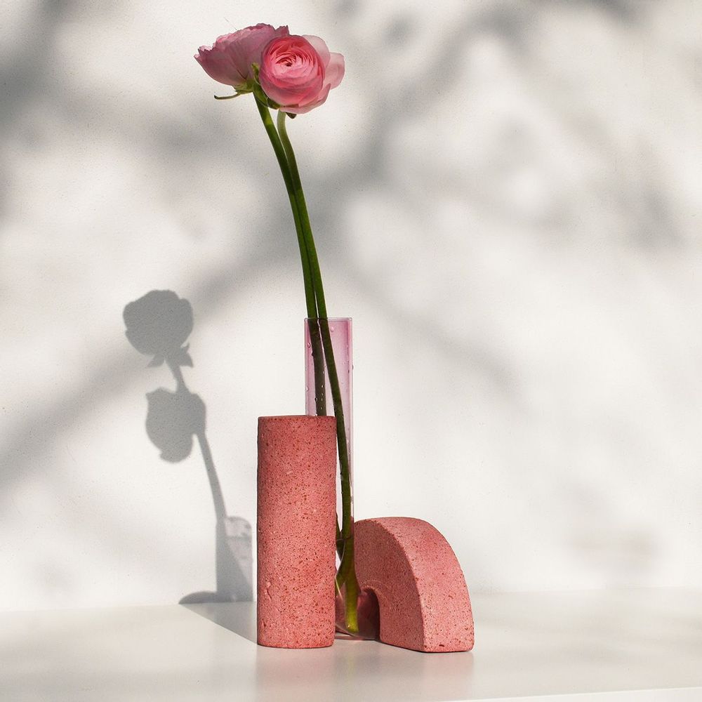 Vases - Vase à fleurs rose en verre et pierre, Cochlea della Metamorfosi n°1 - COKI