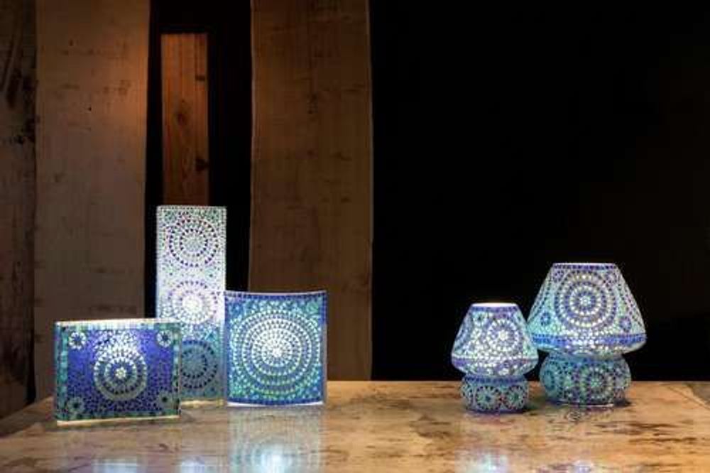 Table lamps - Blue Sauna big mashroom Handmade Lamp in mosaic glass h. 32 cm. - SOUL LIGHT EUROPE