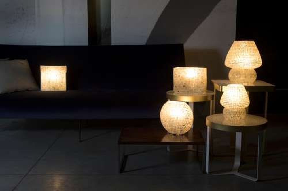 Table lamps - Artist's Yellow medium mashroom Handmade Lamp in mosaic glass h. 25 cm - SOUL LIGHT EUROPE