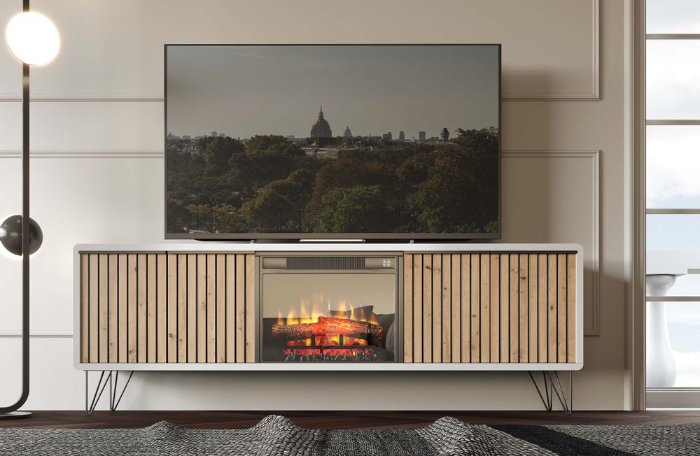 Meubles TV - Meuble TV en placage de chêne avec foyer électrique - FRANCO FURNITURE