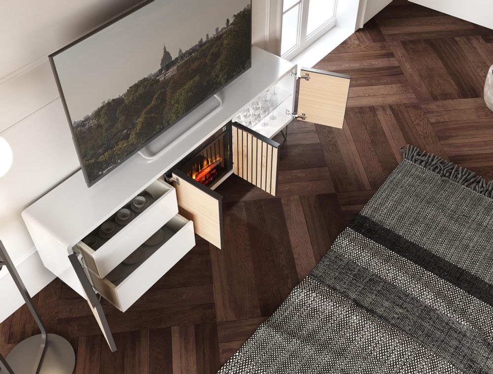 Meubles TV - Meuble TV en placage de chêne avec foyer électrique - FRANCO FURNITURE