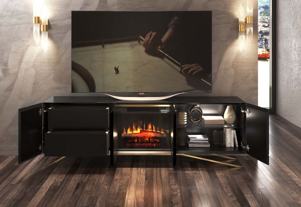 Meubles TV - Meuble TV laqué design avec cheminée électrique - FRANCO FURNITURE