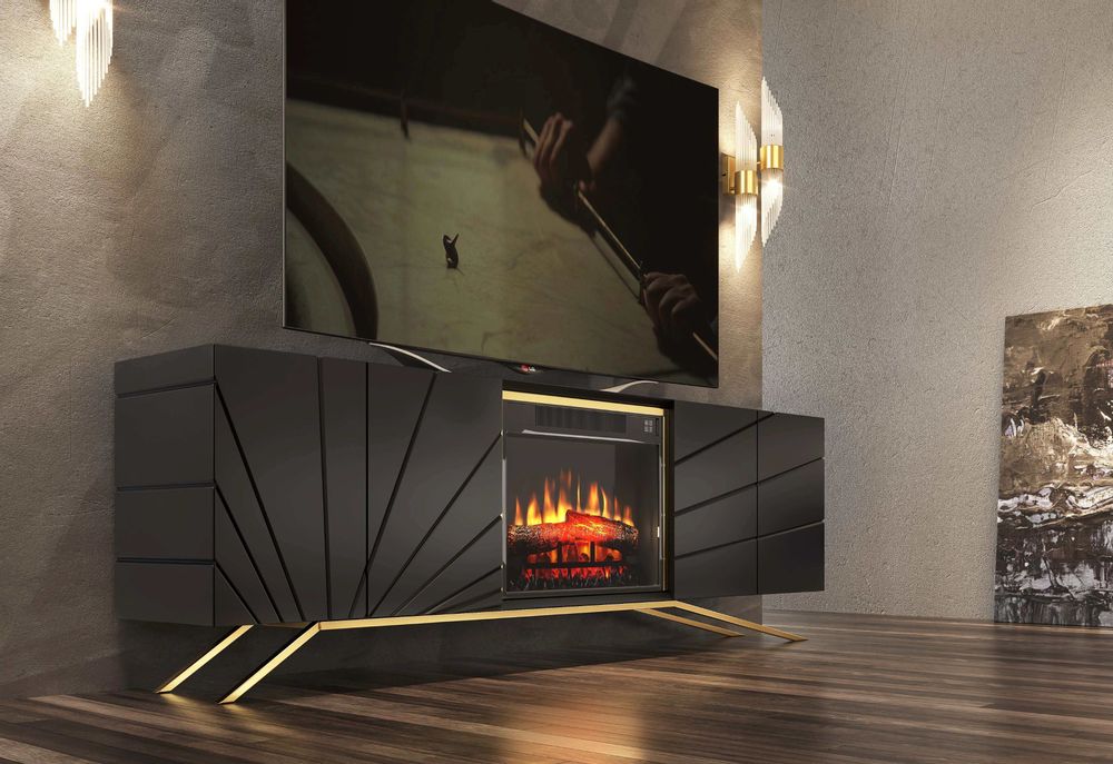 Meubles TV - Meuble TV laqué design avec cheminée électrique - FRANCO FURNITURE