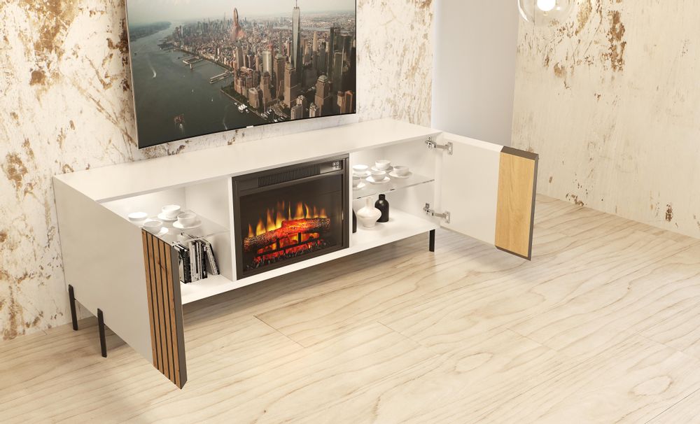 Meubles TV - Meuble TV laqué design avec cheminée électrique - FRANCO FURNITURE