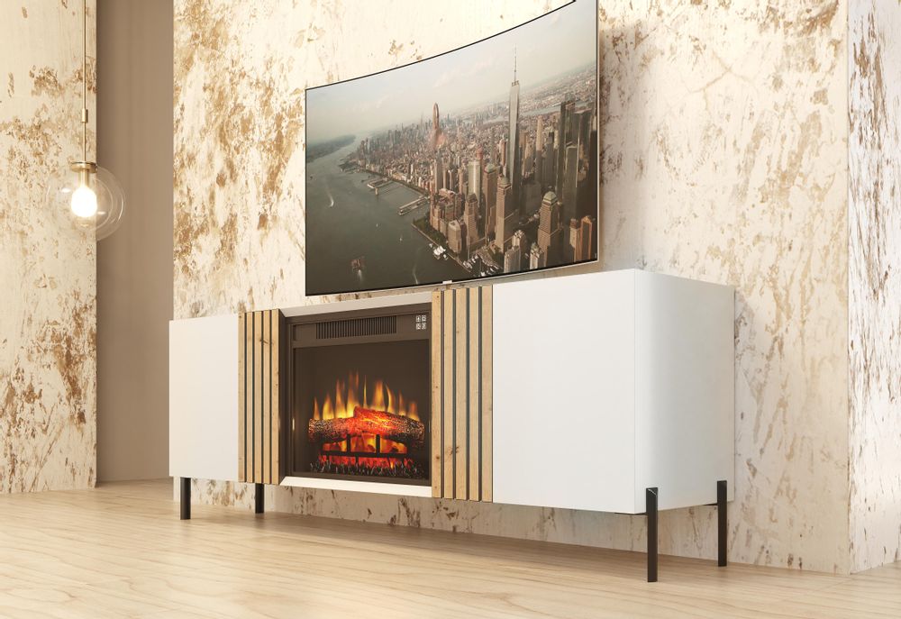 Meubles TV - Meuble TV laqué design avec cheminée électrique - FRANCO FURNITURE