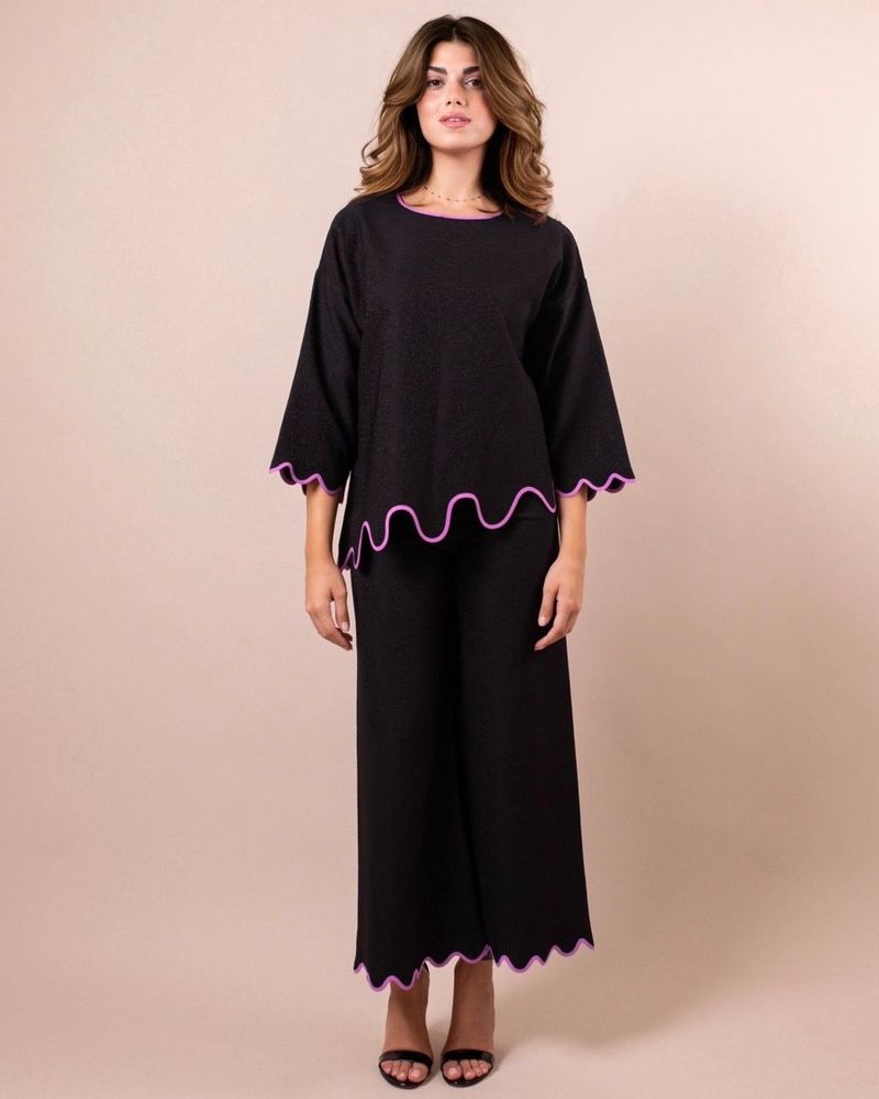 Apparel - Clara Black Co-ord set with contrast scalloped trim - HYA CONCEPT STORE