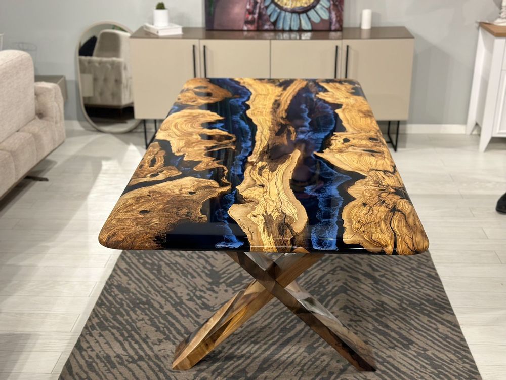 Kitchens furniture - Olive Epoxy Resin Dining Table - Blue Epoxy Table - TINELLA WOOD