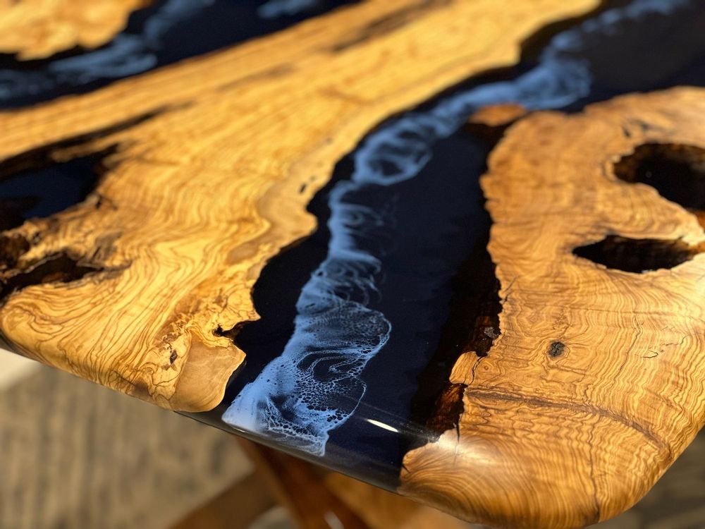 Kitchens furniture - Olive Epoxy Resin Dining Table - Blue Epoxy Table - TINELLA WOOD