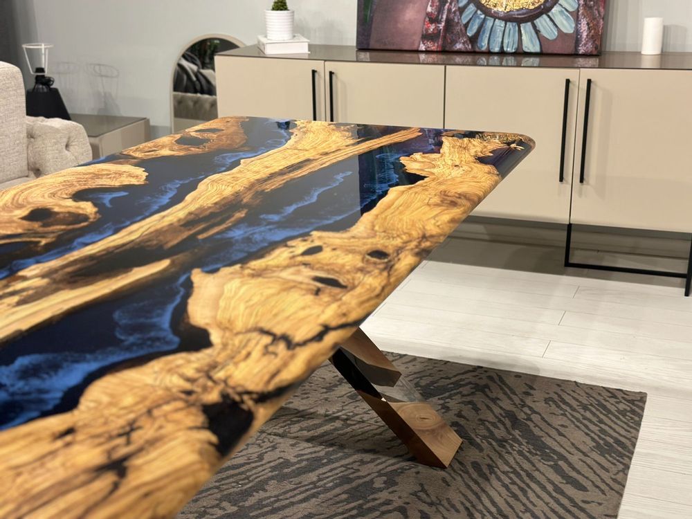 Kitchens furniture - Olive Epoxy Resin Dining Table - Blue Epoxy Table - TINELLA WOOD