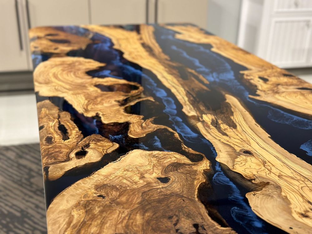 Kitchens furniture - Olive Epoxy Resin Dining Table - Blue Epoxy Table - TINELLA WOOD