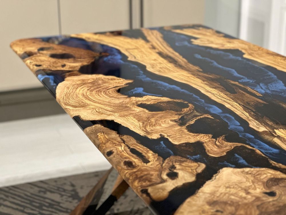 Kitchens furniture - Olive Epoxy Resin Dining Table - Blue Epoxy Table - TINELLA WOOD