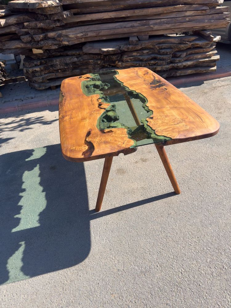 Kitchens furniture - Glass River Dining Table - Green Natural Wood Custom Dine Table - TINELLA WOOD