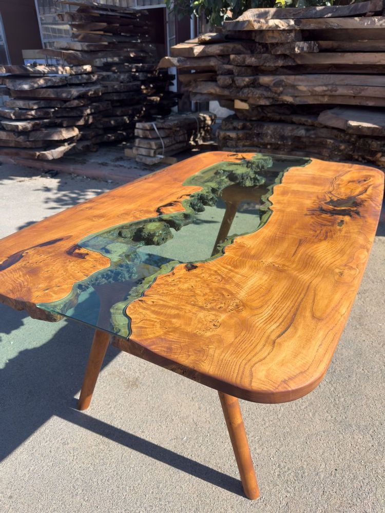 Kitchens furniture - Glass River Dining Table - Green Natural Wood Custom Dine Table - TINELLA WOOD