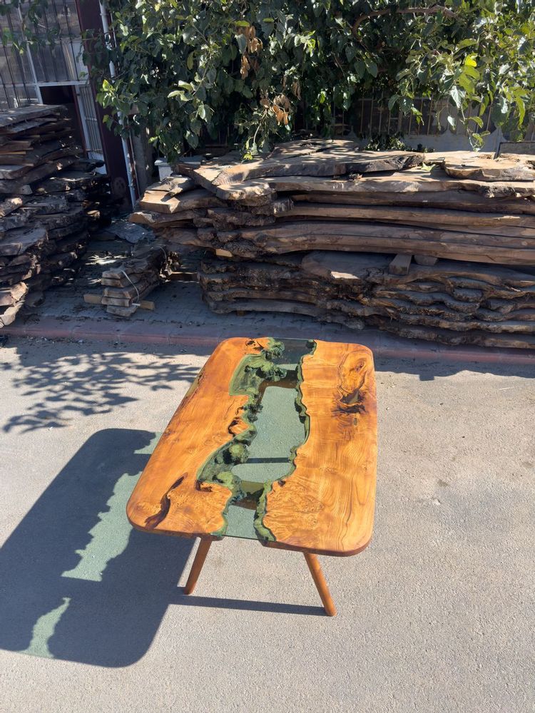 Kitchens furniture - Glass River Dining Table - Green Natural Wood Custom Dine Table - TINELLA WOOD