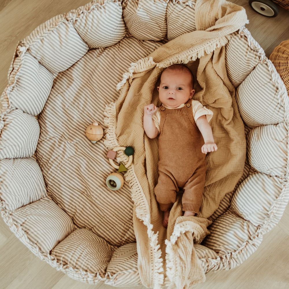 Kids accessories - Bloom stripes blue - a unique 3-in-1 playmat in organic cotton - PLAY&GO
