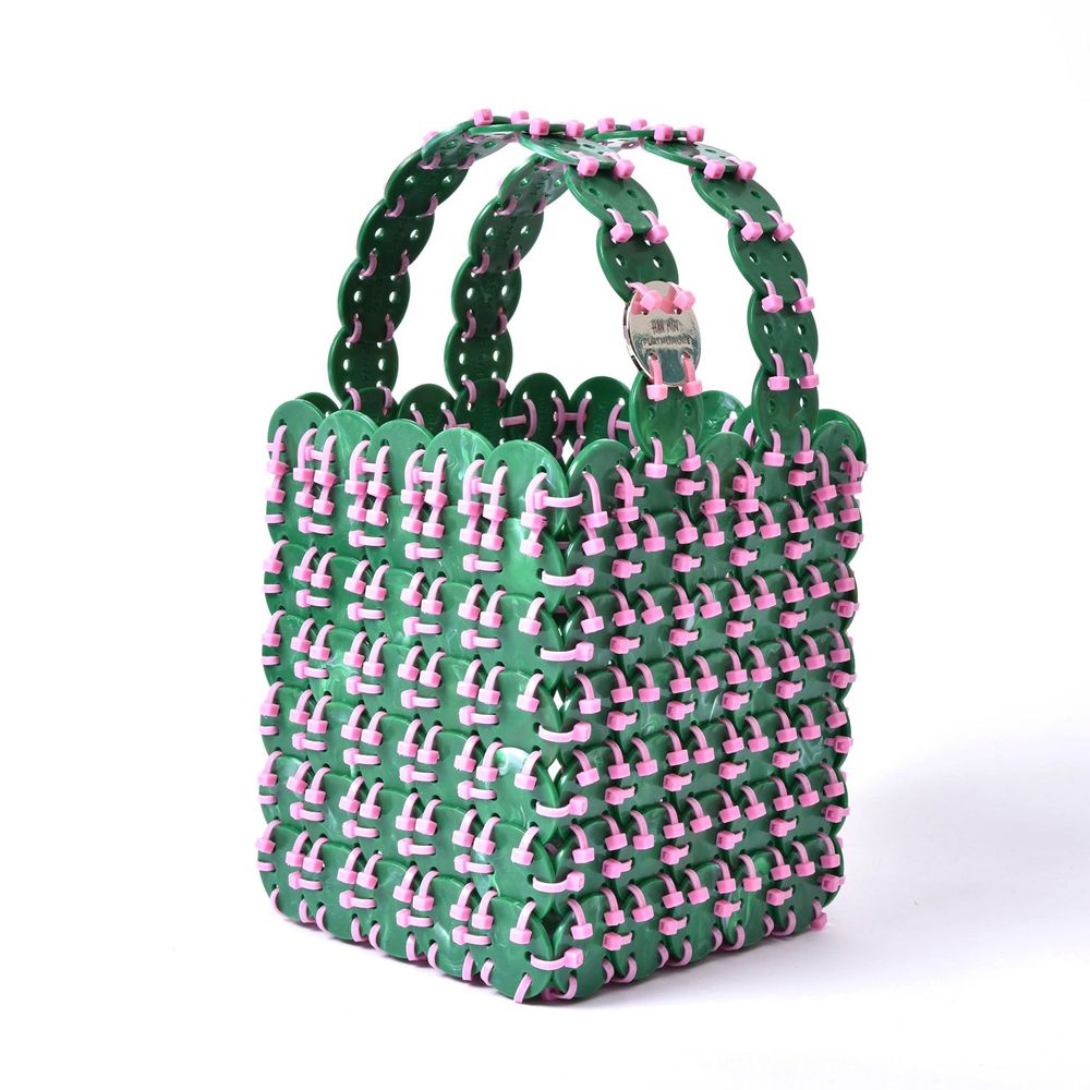 Bags and totes - Tietie/ Green-pink bag and object - WASTE NO MORE, Upcycling - PLAYNOMORE