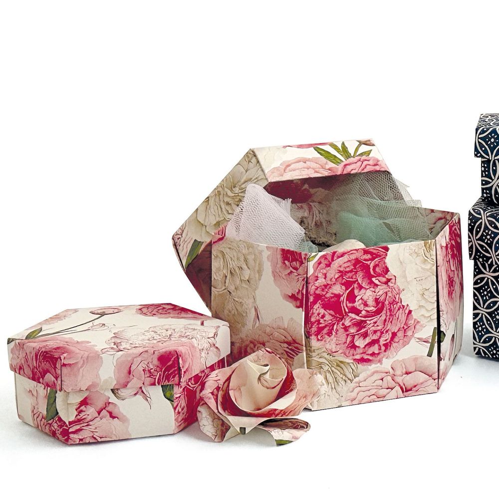 Papeterie bureau - Set 2 boîtes cadeaux hexagonales - " Peonie " - TASSOTTI - ITALY