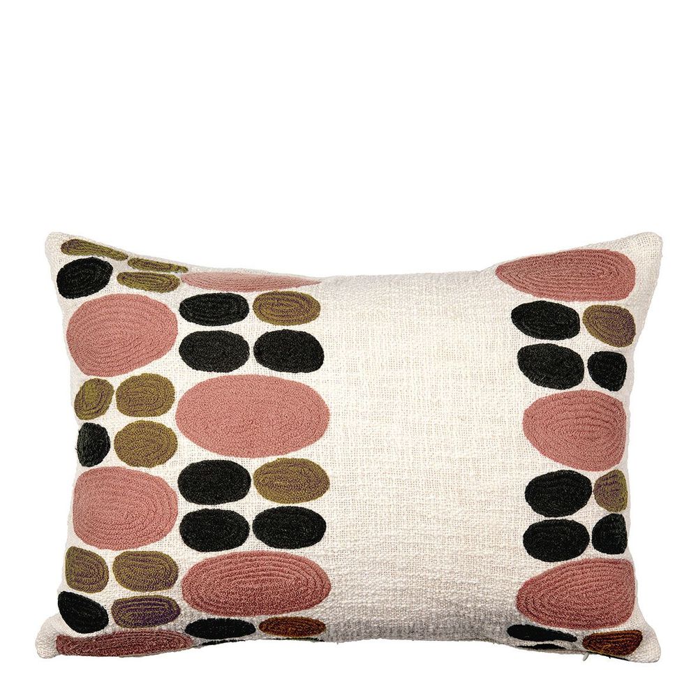Fabric cushions - GALETS polycotton cushion cover embroidered pink and curry - BLANC D'IVOIRE