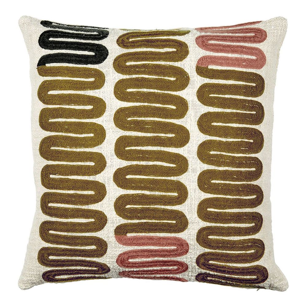 Coussins textile - Housse de coussin ONDES polycoton brodé rose et curry - BLANC D'IVOIRE