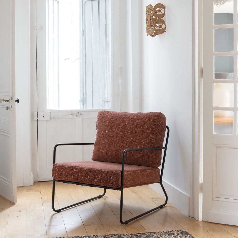 Armchairs - GASPARD armchair with removable cover in jacquard velvet fabric, rosewood and metal - BLANC D'IVOIRE