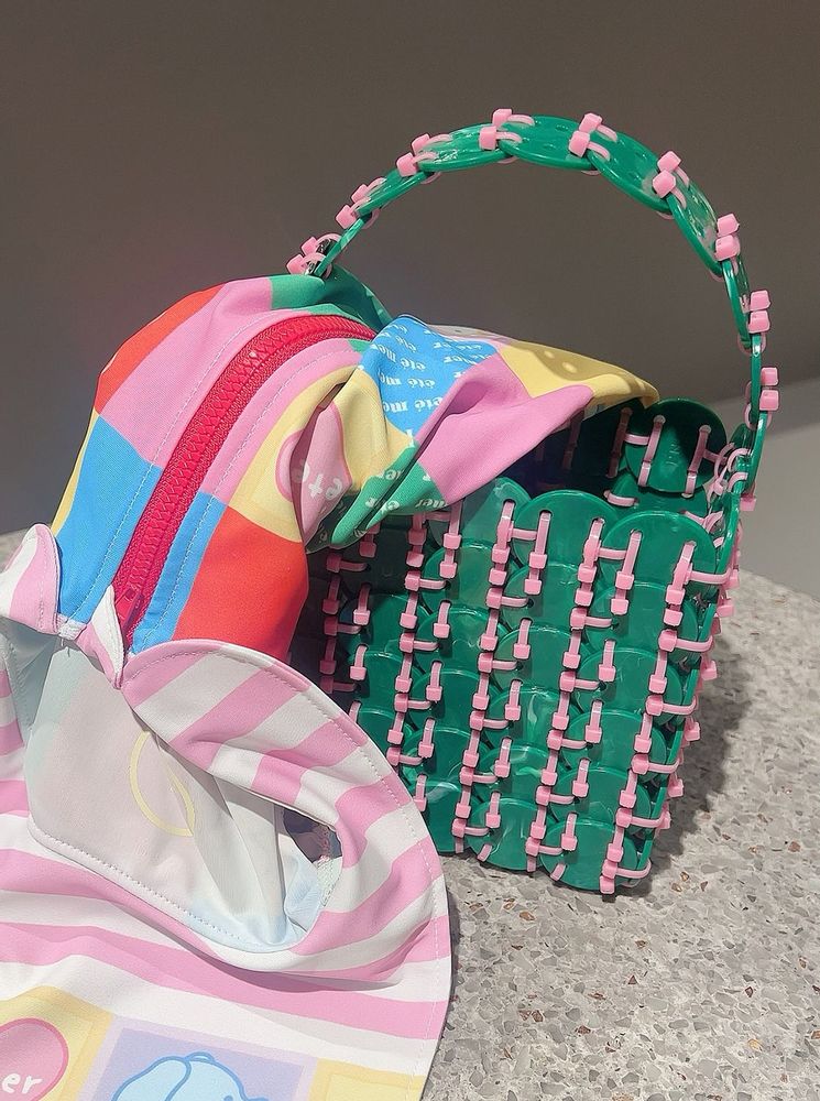 Bags and totes - Tietie/ Green-pink bag and object - WASTE NO MORE, Upcycling - PLAYNOMORE