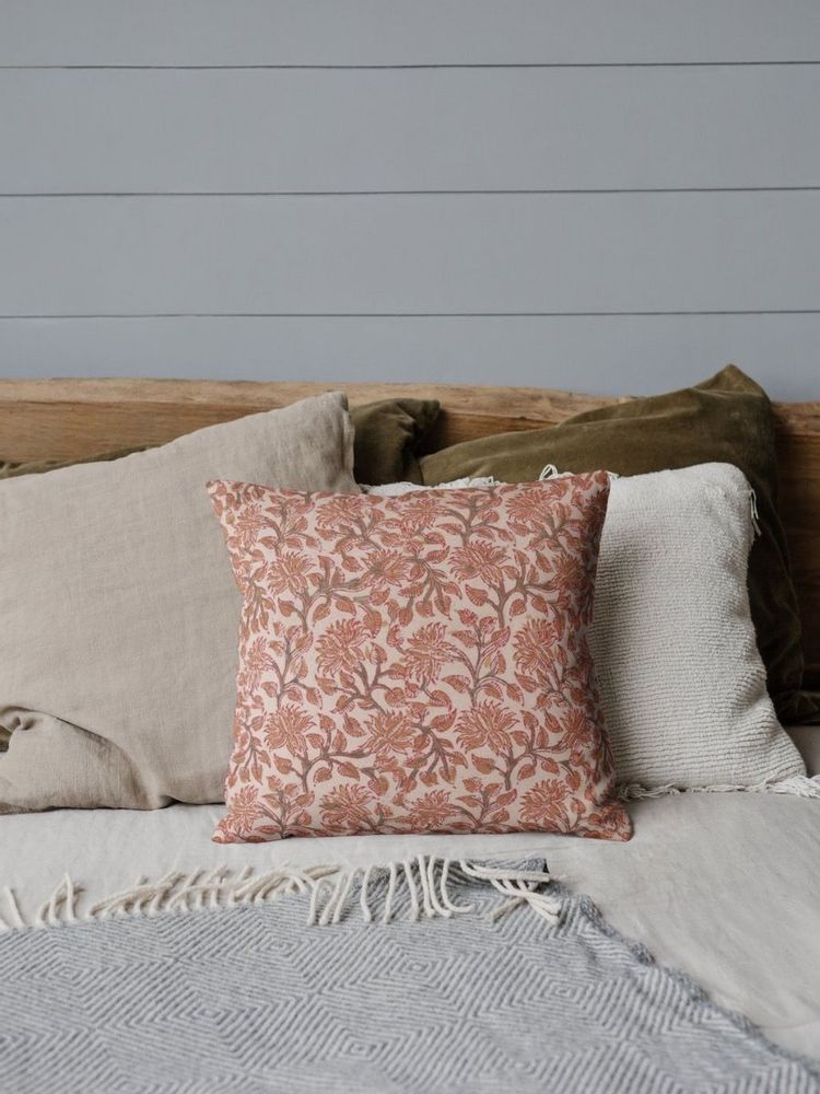 Fabric cushions - Hand Block Printed Cotton Cushion Cover Autumn Grove - NINÉH