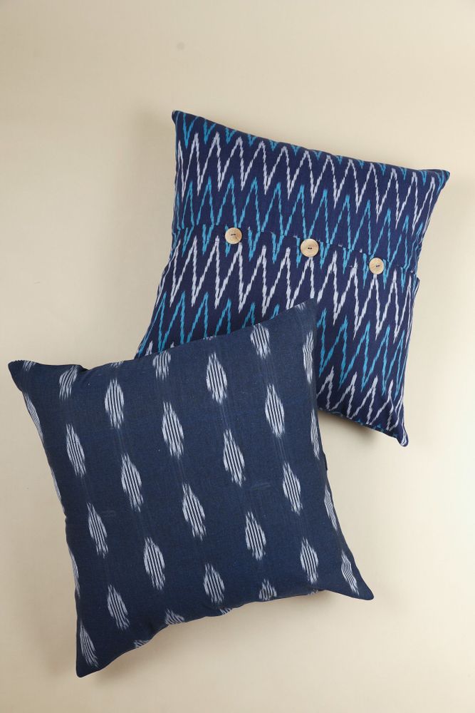 Fabric cushions - Ikat Handwoven Cotton Cushion Cover - Midnight Blue - NINÉH