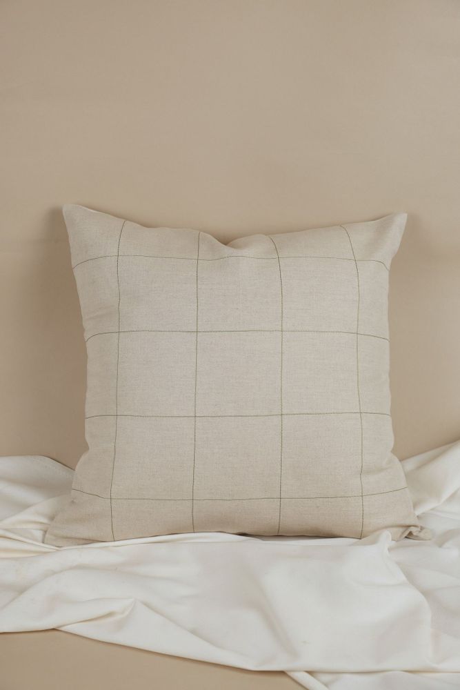 Fabric cushions - Beige and green checkered linen cushion cover - NINÉH