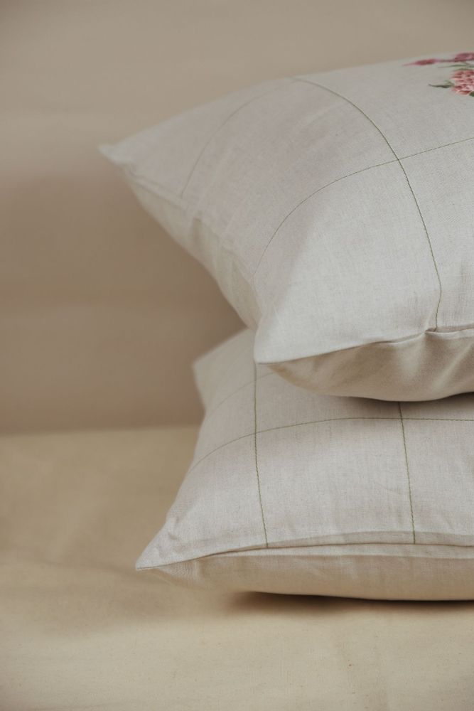 Fabric cushions - Beige and green checkered linen cushion cover - NINÉH