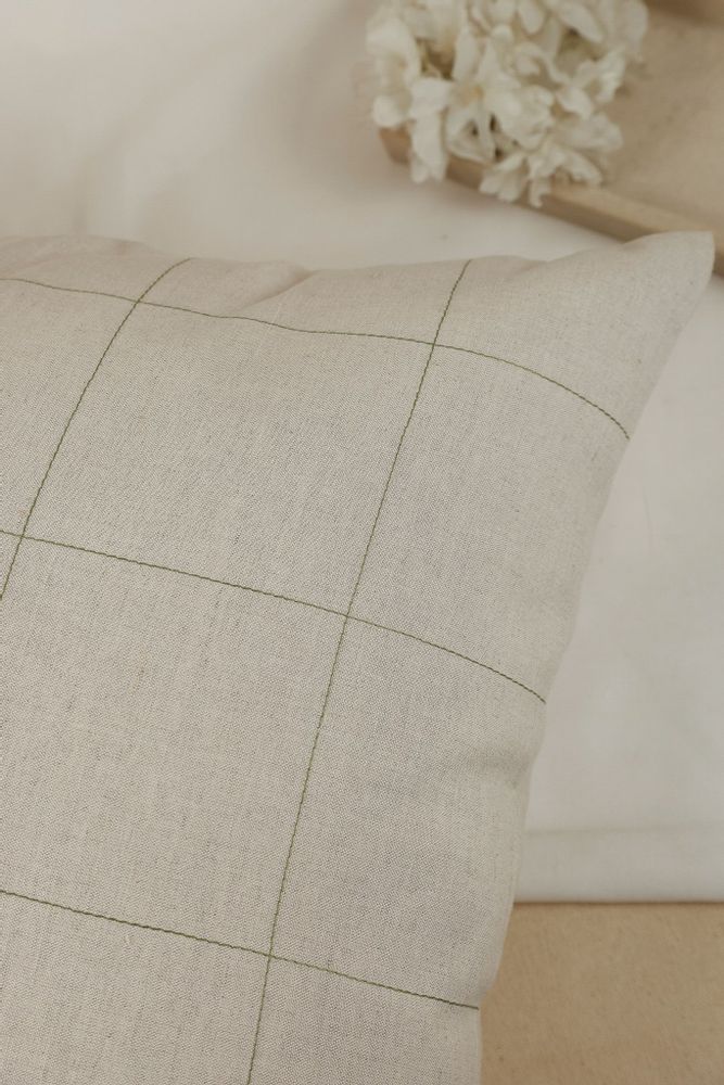 Fabric cushions - Beige and green checkered linen cushion cover - NINÉH