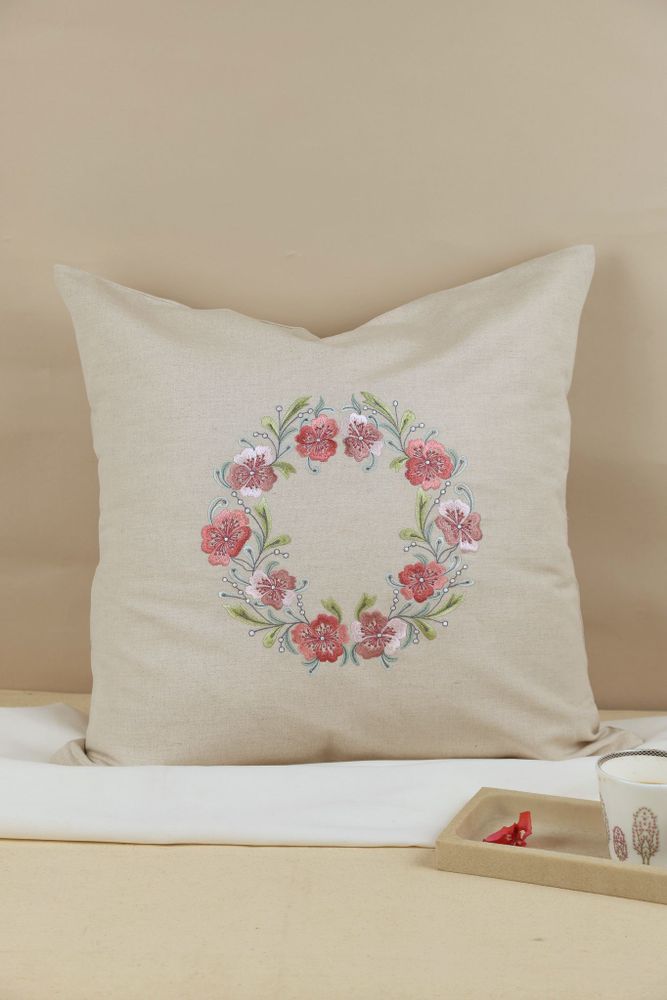 Fabric cushions - Wildflower Wreath Embroidered Cushion Cover in Beige Cotton Linen - NINÉH