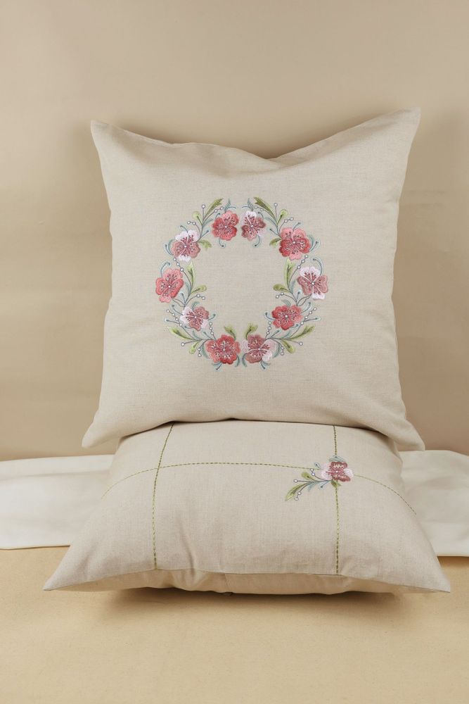 Fabric cushions - Wildflower Wreath Embroidered Cushion Cover in Beige Cotton Linen - NINÉH